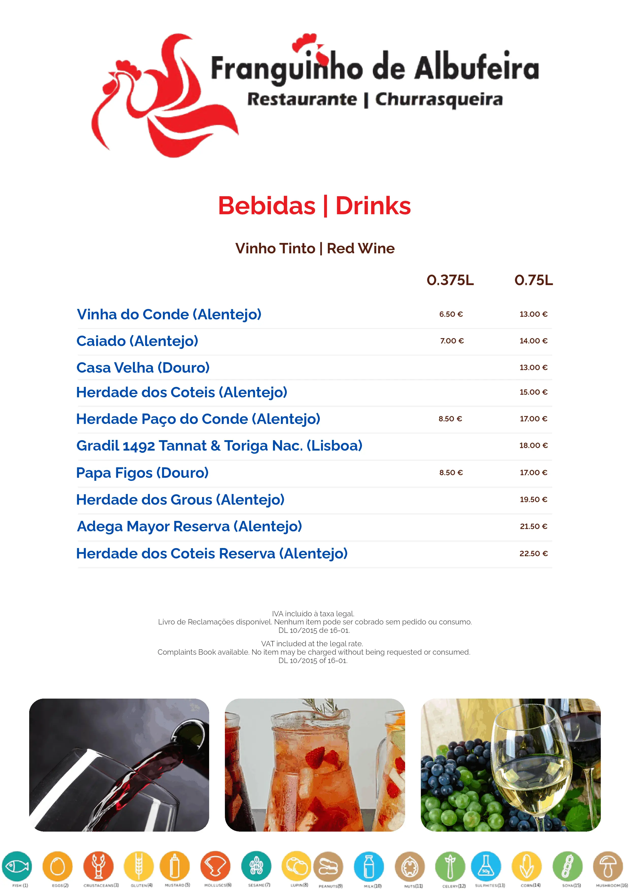 Red wine menu showcasing premium wines from Portugal’s Alentejo, Douro, and Lisbon regions
