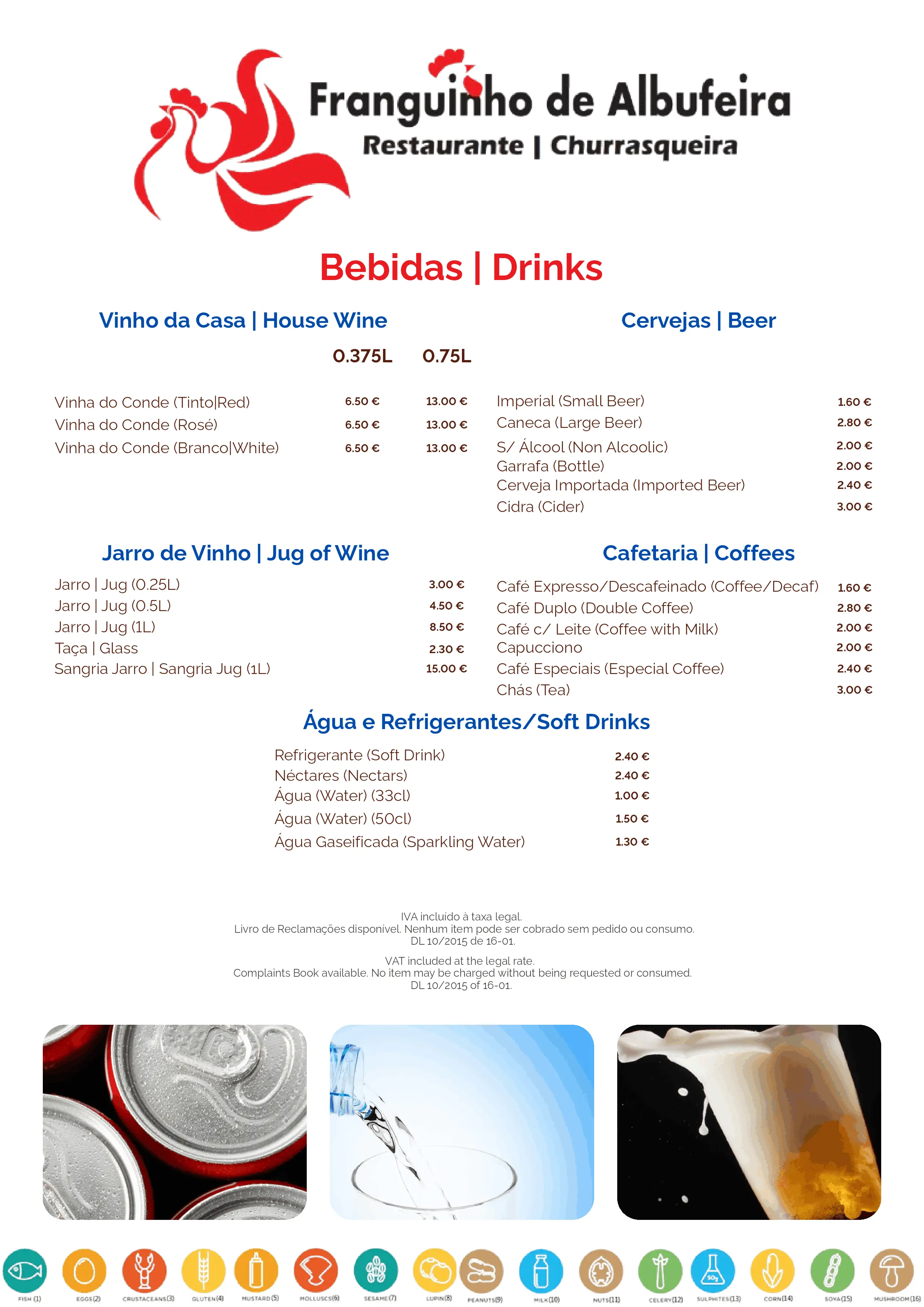 Drinks menu with refreshing beverages, traditional Portugal coffee, and soft drinks