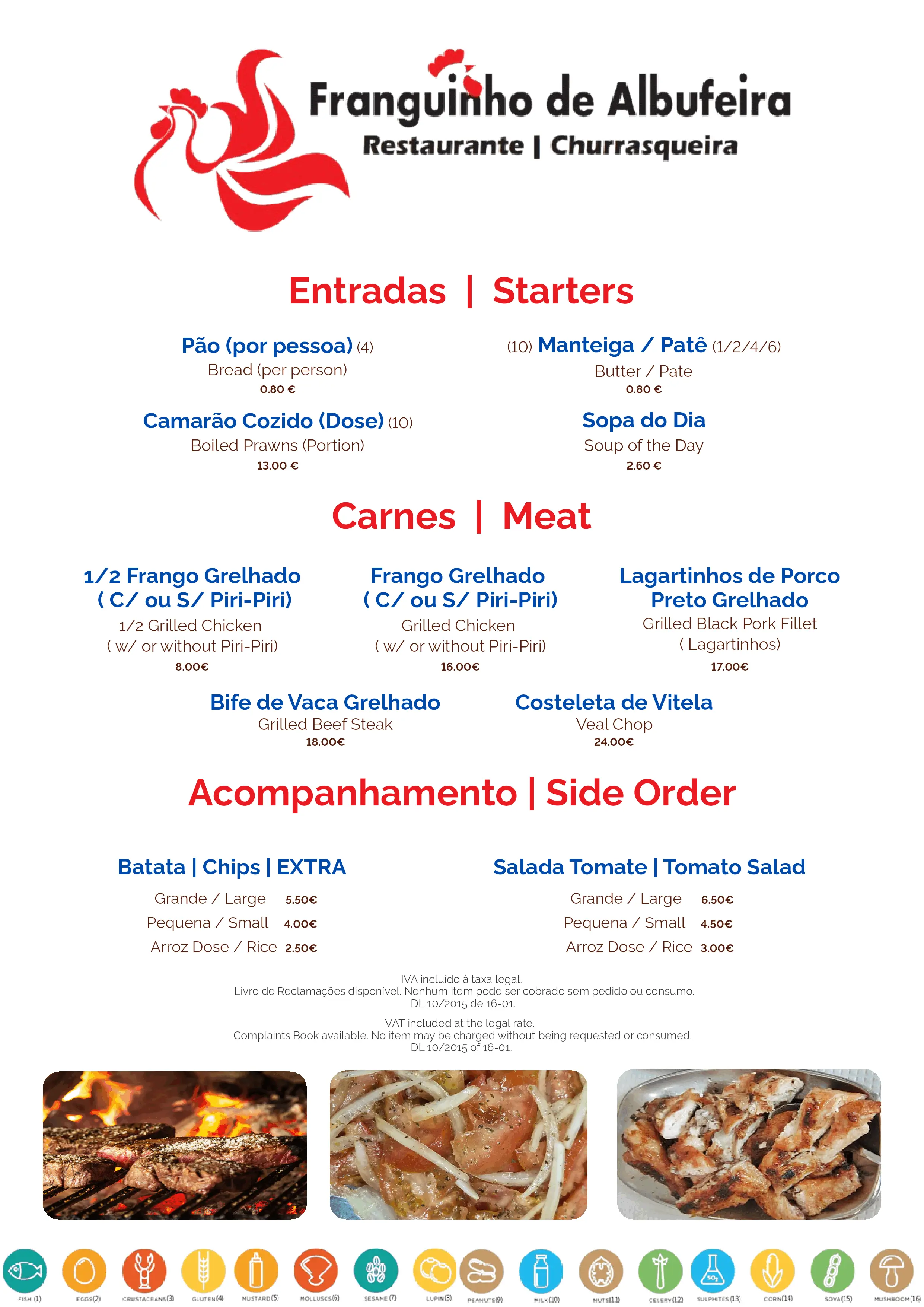 Menu featuring traditional Portugal starters, grilled meats like black pork and chicken, and fresh side dishes